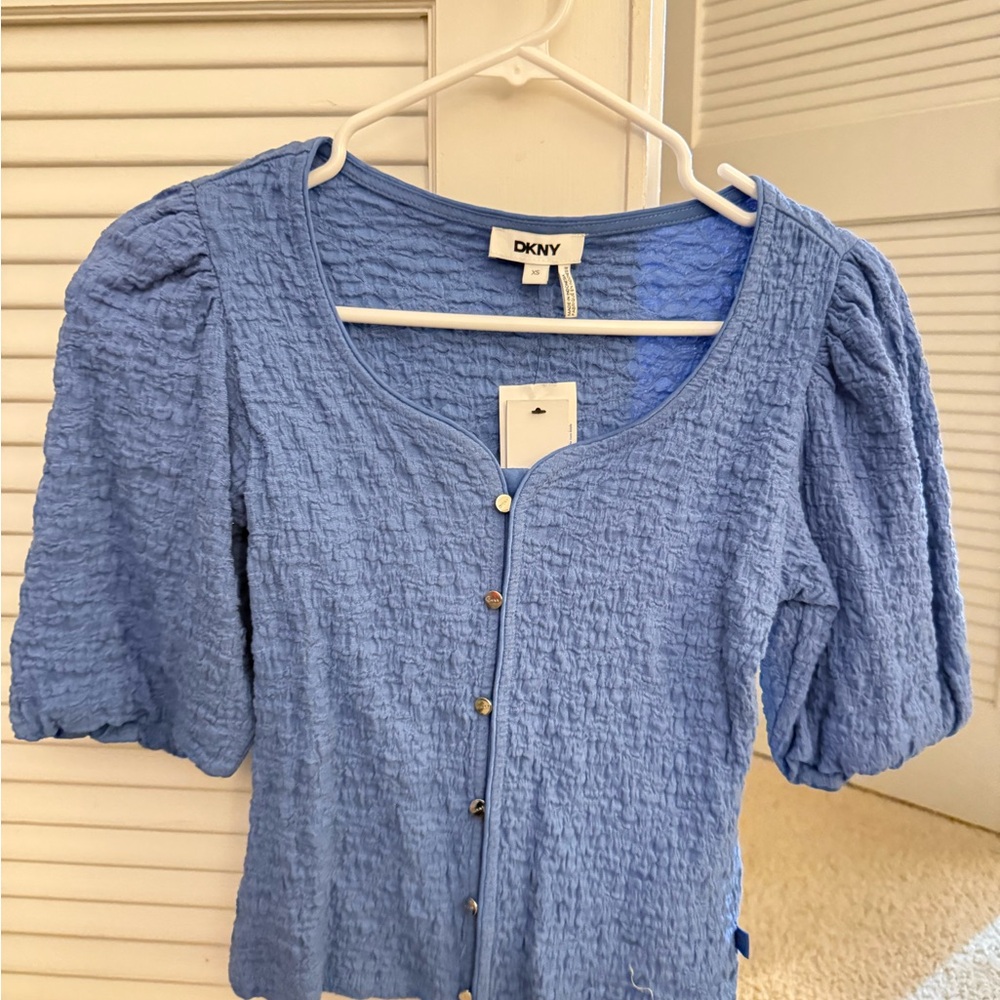 DKNY Textured Blue Blouse with Button Detail